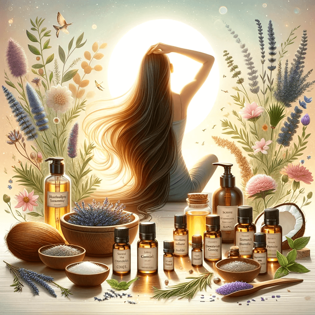 DALL·E 2024 01 05 13.55.41 A peaceful and harmonious scene depicting essential oils for hair care. The image includes an assortment of essential oil bottles each labeled for di