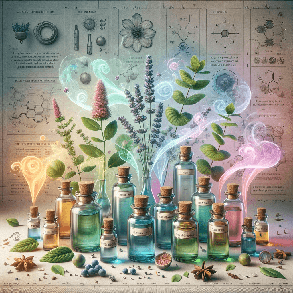 DALL·E 2024 01 05 14.03.17 A conceptual and informative image illustrating what essential oils are. The scene includes several small elegant bottles of essential oils each wit