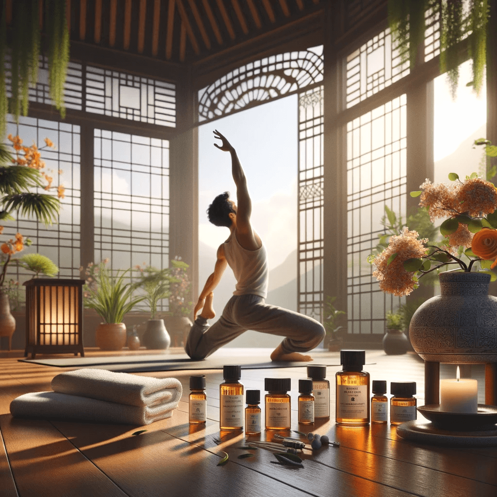 DALL·E 2024 01 08 13.46.29 Uma imagem realista que retrata Aromaterapia e Flexibilidade Mantenha Suas Articulacoes Saudaveis. A cena mostra uma pessoa praticando ioga em uma