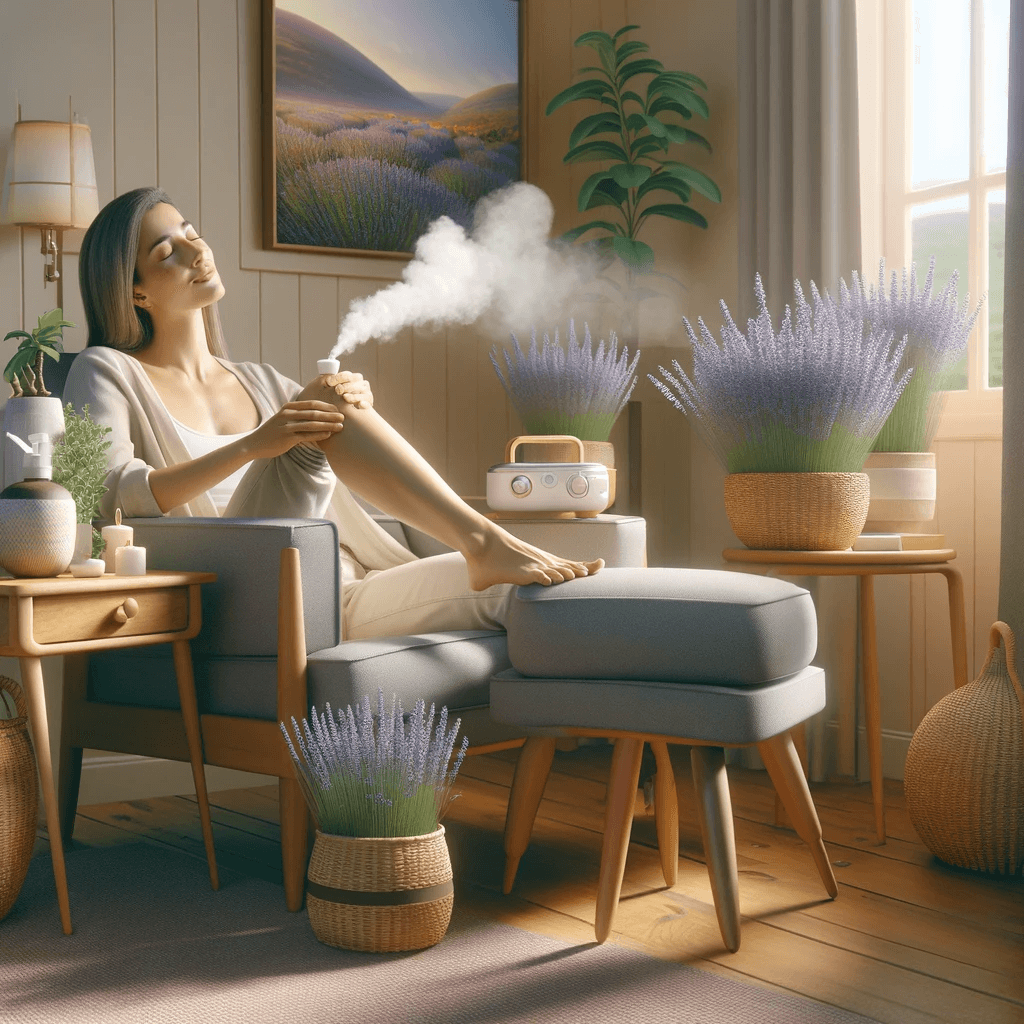 DALL·E 2024 01 08 14.02.45 Uma imagem realista representando Lavanda e Articulacoes Como Acalmar a Rigidez com Aromaterapia. A cena mostra uma pessoa sentada confortavelmente