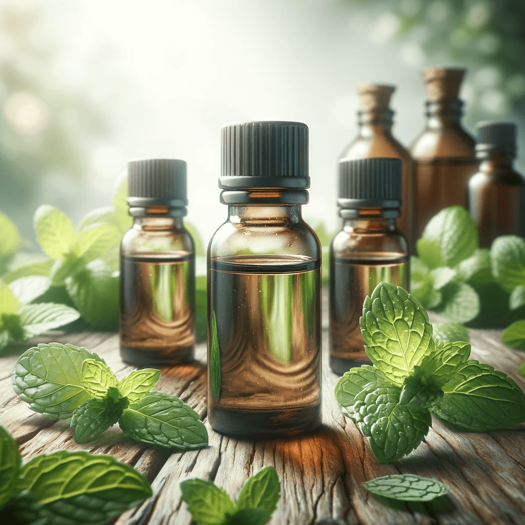 DALL·E 2024 01 08 14.18.59 A realistic photograph like image showcasing generic bottles of peppermint oil emphasizing their use as a natural remedy for headaches. The image sho