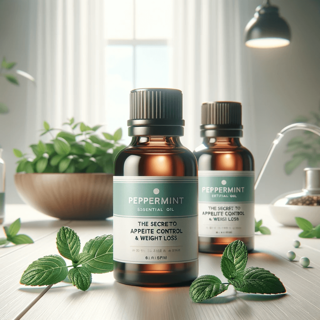 DALL·E 2024 01 09 09.51.02 A realistic and photographic scene titled Peppermint The Secret to Appetite Control and Weight Loss. The focus is on lifelike bottles of peppermint