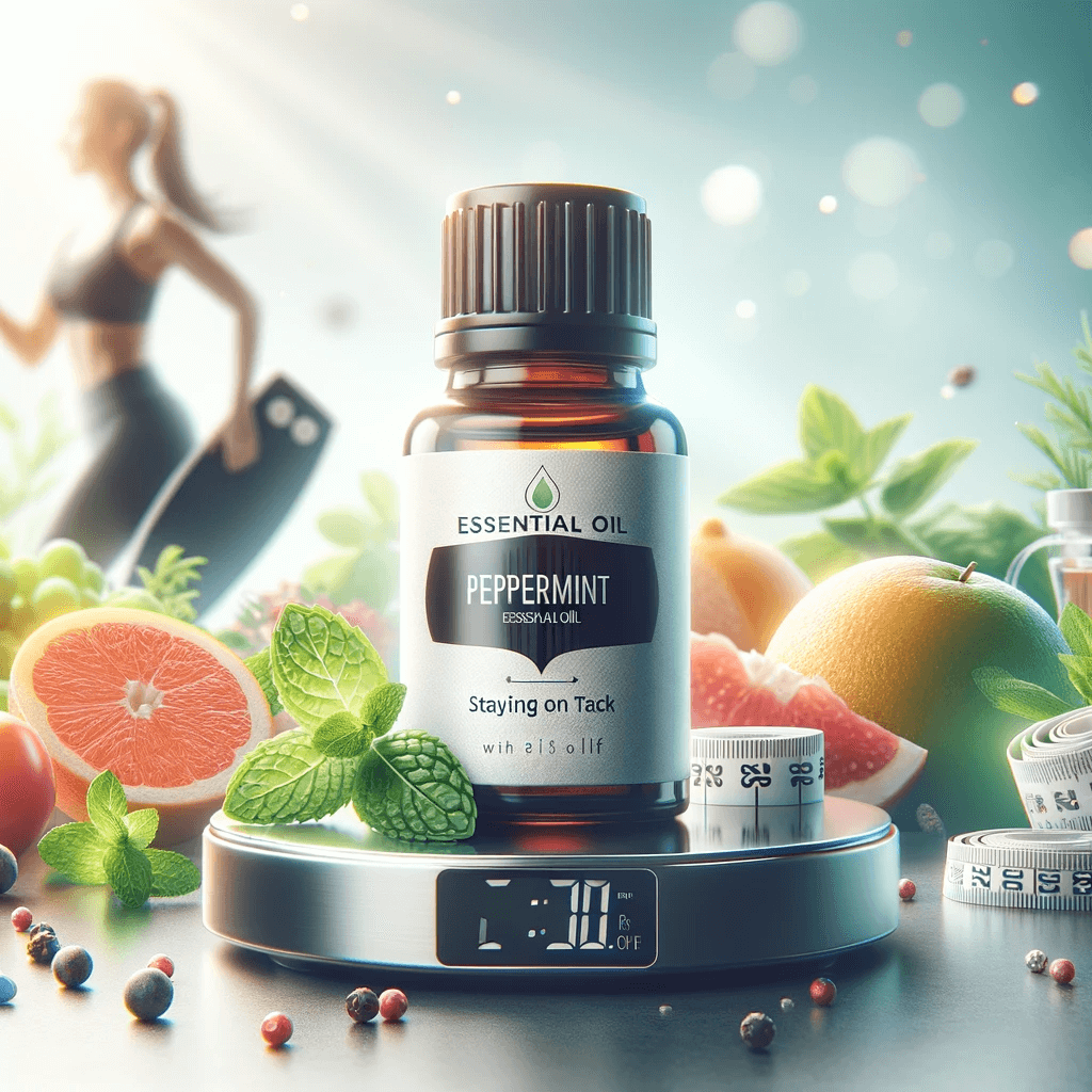 DALL·E 2024 01 16 10.27.00 A realistic photographic image representing Essential Oil for Weight Loss Staying on Track with Peppermint Oil. The image features a prominent dis