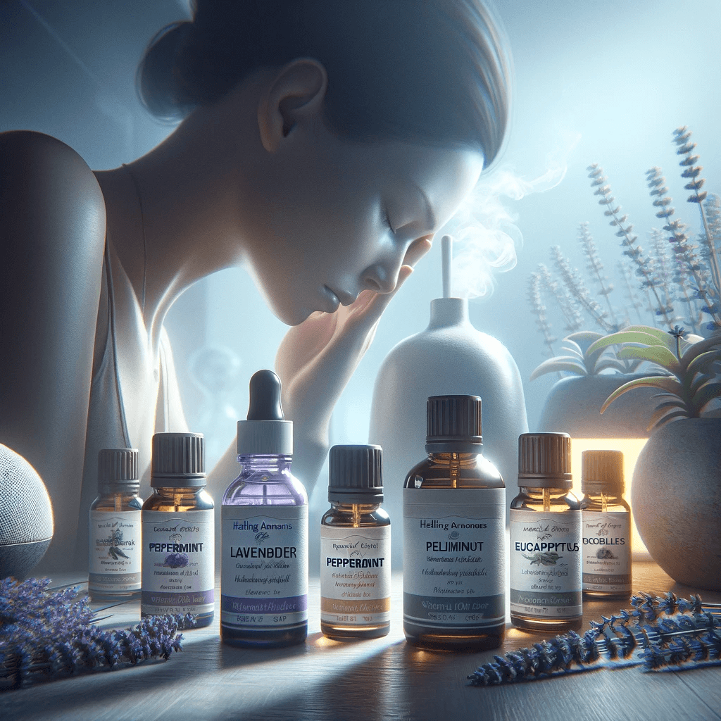 DALL·E 2024 01 16 11.09.05 A realistic photographic image illustrating Healing Aromas Essential Oils for Instant Migraine Relief. The focus is on several bottles of essentia