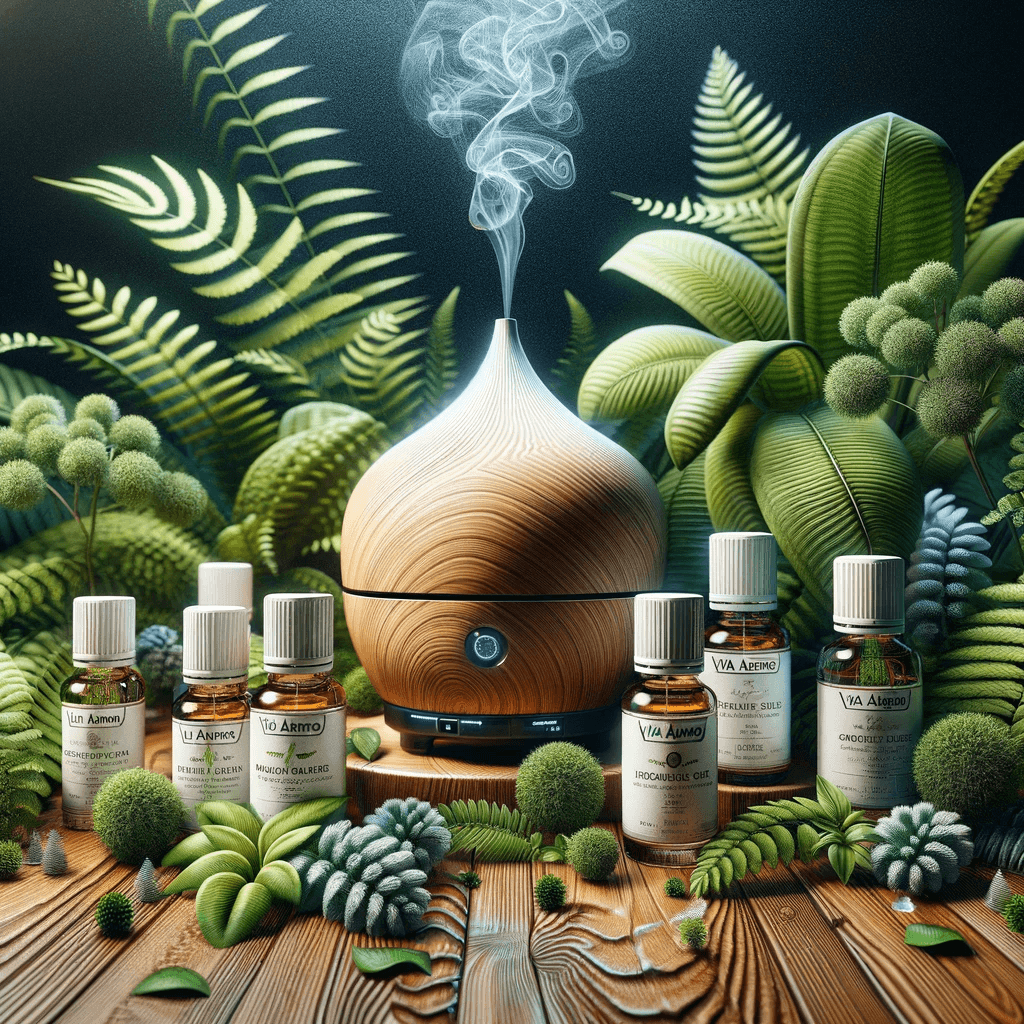 DALL·E 2024 01 18 13.15.46 A photorealistic drawing depicting a collection of essential oil bottles from Via Aroma placed on a surface with intricate wood grain details. In the