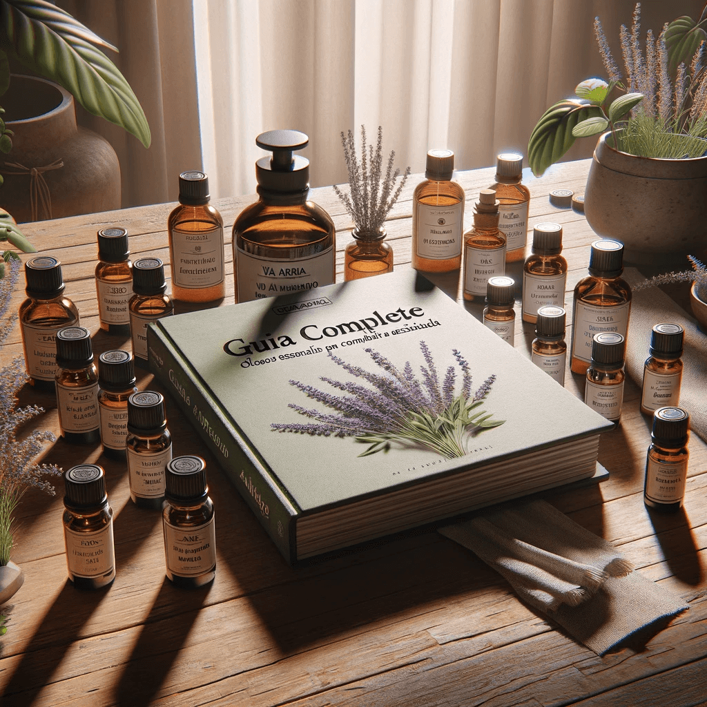 DALL·E 2024 01 18 13.21.13 Create an image of a photorealistic scene on a wooden table featuring a variety of essential oil bottles with clear readable labels indicating they a