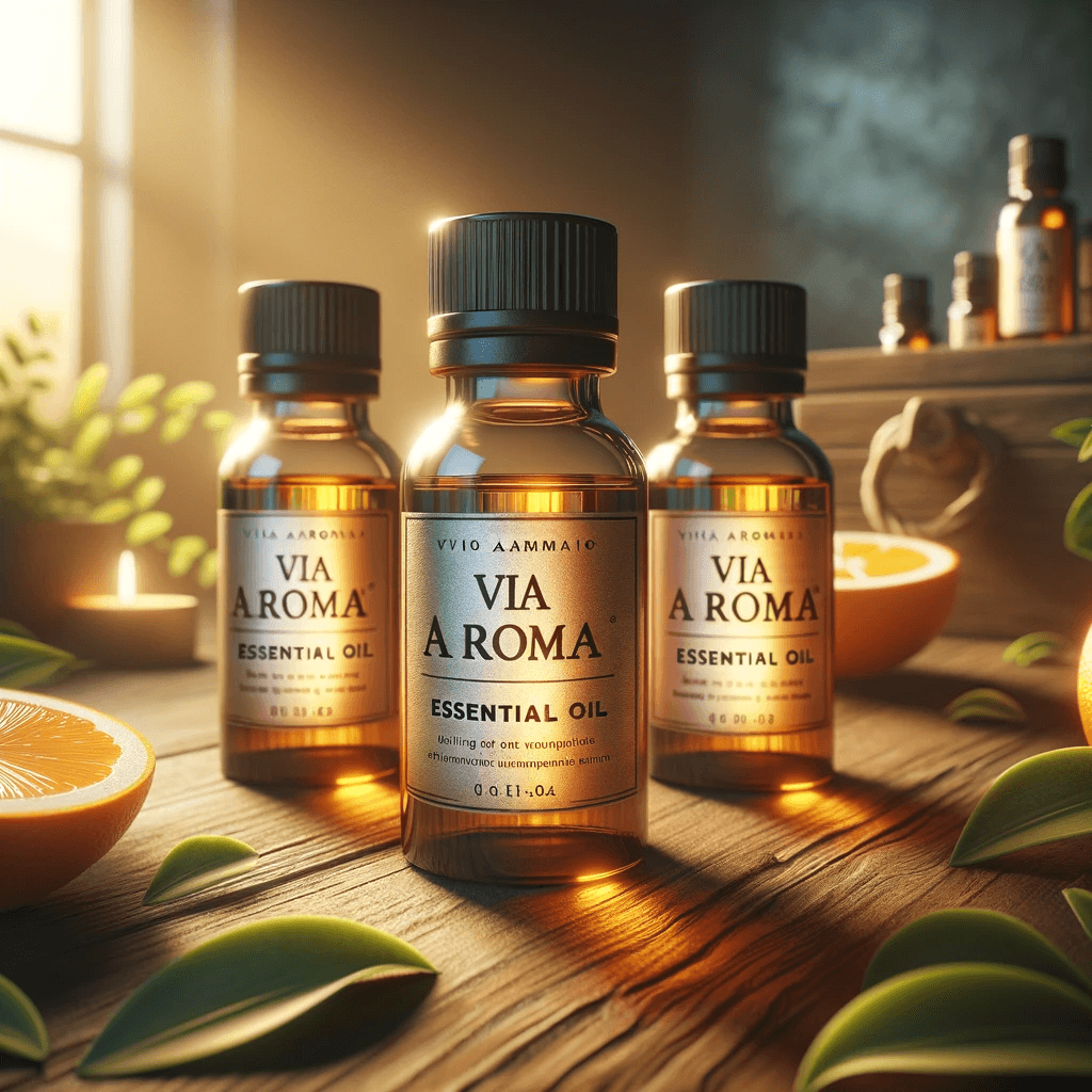 DALL·E 2024 01 18 13.55.41 Create a photorealistic image of essential oil bottles on a wooden table. The bottles have clear readable labels with the brand Via Aroma. The sett