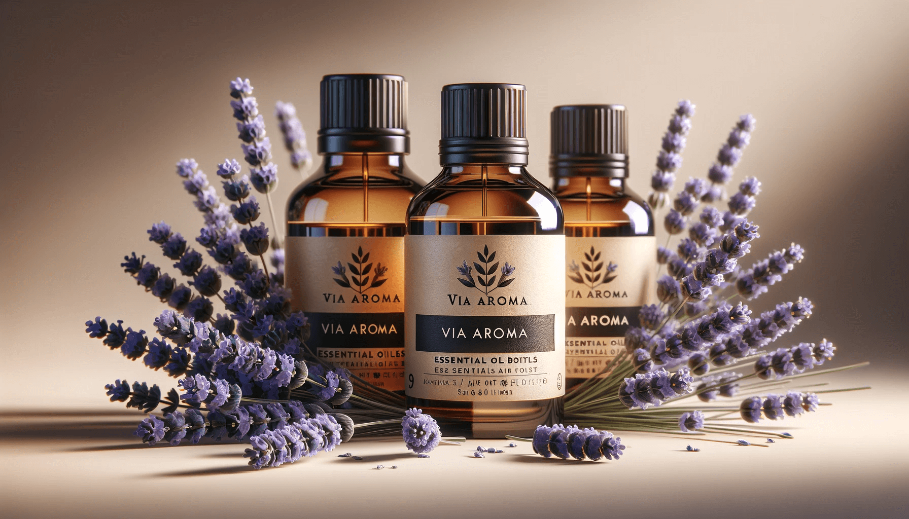 DALL·E 2024 01 18 14.00.27 Create a photorealistic image that shows a collection of essential oil bottles on a neutral background. The bottles are branded with Via Aroma clea