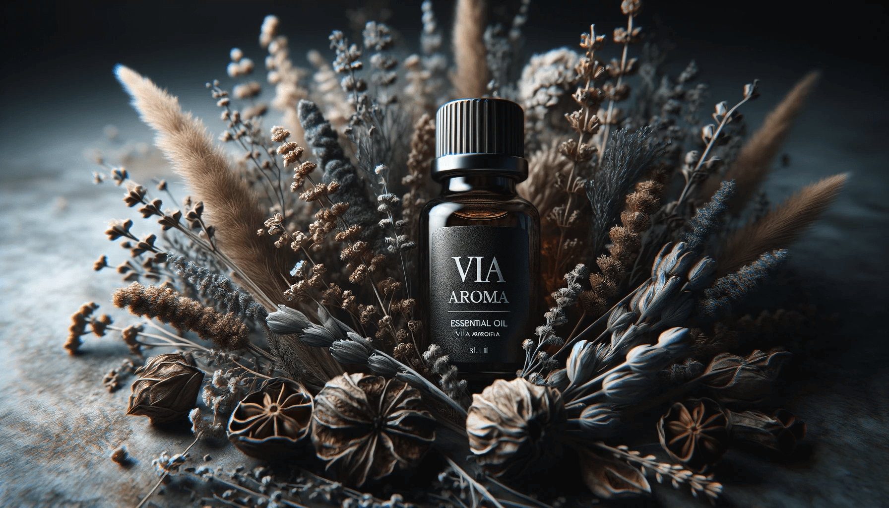 DALL·E 2024 01 18 14.07.57 Create a photorealistic image of an essential oil bottle nestled among dried botanicals. The label on the bottle is clearly branded with Via Aroma.