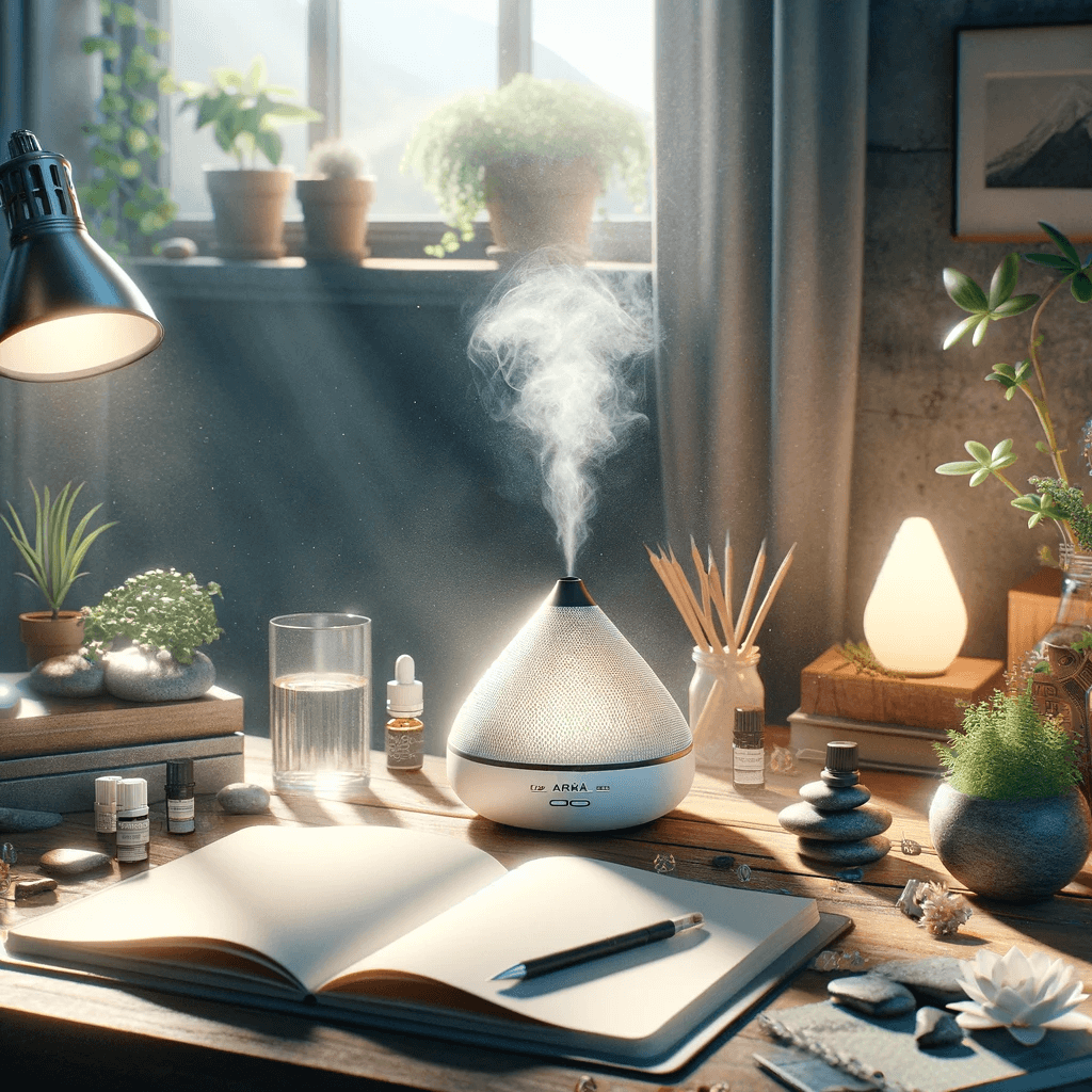 DALL·E 2024 01 18 15.19.04 Create a photorealistic image that symbolizes focus and awakening using Via Aroma essential oils. Visualize a serene workspace with a clear mind repre