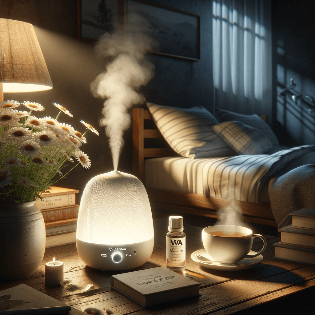 DALL·E 2024 01 18 15.40.18 Create a photorealistic image that captures the essence of relaxation and good sleep featuring Via Aroma essential oils. Depict a cozy dimly lit bed