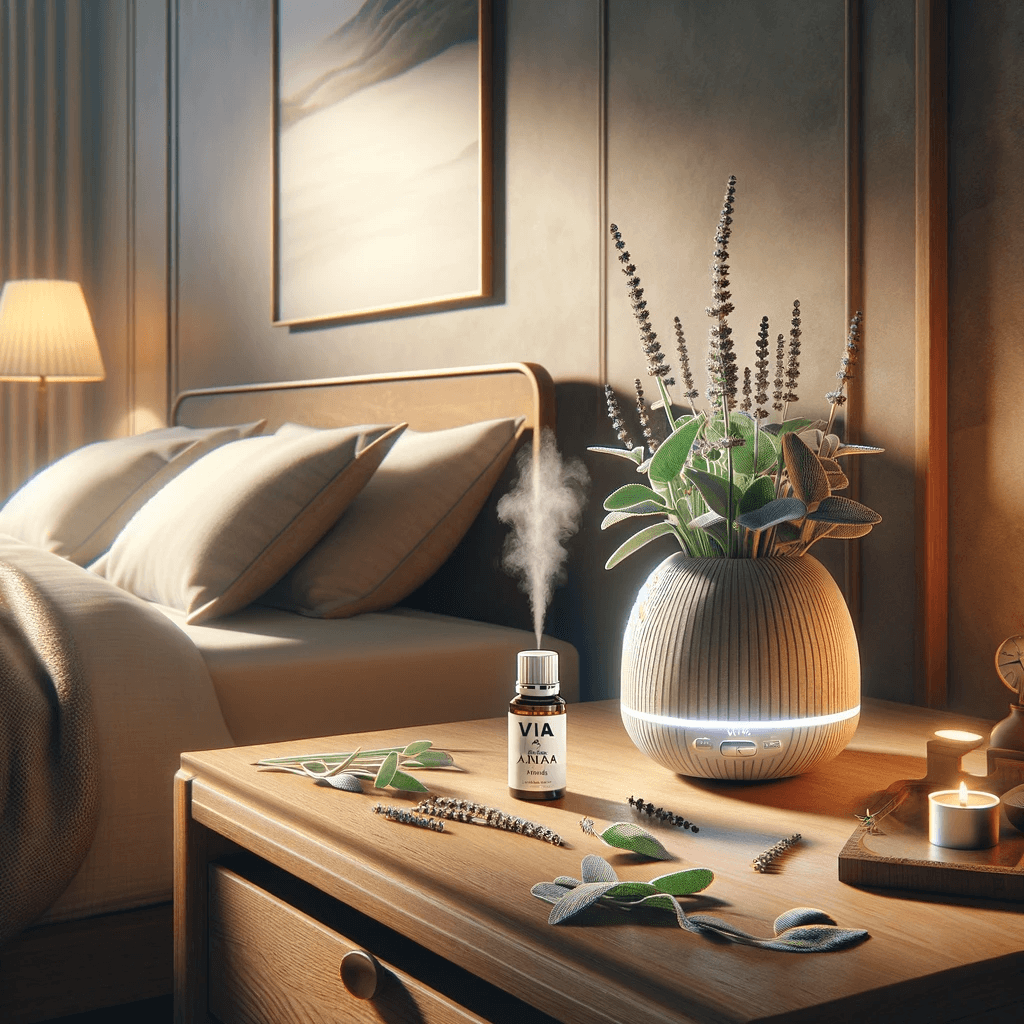 DALL·E 2024 01 18 15.51.00 Create a photorealistic image of a restful and serene bedroom with a focus on relaxation and clarity highlighted by Via Aroma essential oils. In thi