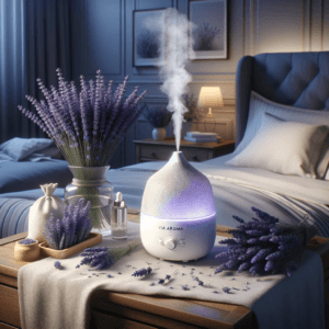 DALL·E 2024 01 18 15.58.15 Create a photorealistic image of a peaceful and soothing bedroom scene centered around the theme of lavender and relaxation. Feature a Via Aroma esse