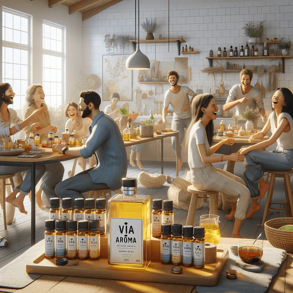 DALL·E 2024 01 18 16.07.17 Create a photorealistic image of a group of people having a joyful time in a bright and airy space with Via Aroma essential oils incorporated into th
