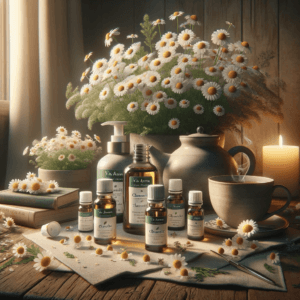 DALL·E 2024 01 18 16.34.14 Create a photorealistic image that blends the themes of relaxation and comfort centered around chamomile and Via Aroma essential oils. Imagine a sere