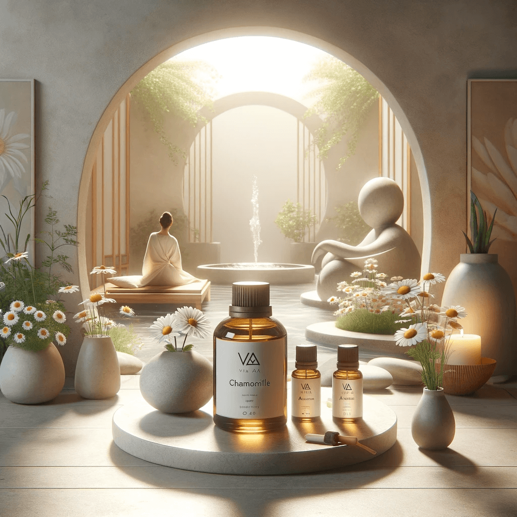 DALL·E 2024 01 18 16.42.25 Create a photorealistic image that embodies peace and tranquility with a focus on chamomile and Via Aroma essential oils. Picture a serene and minima