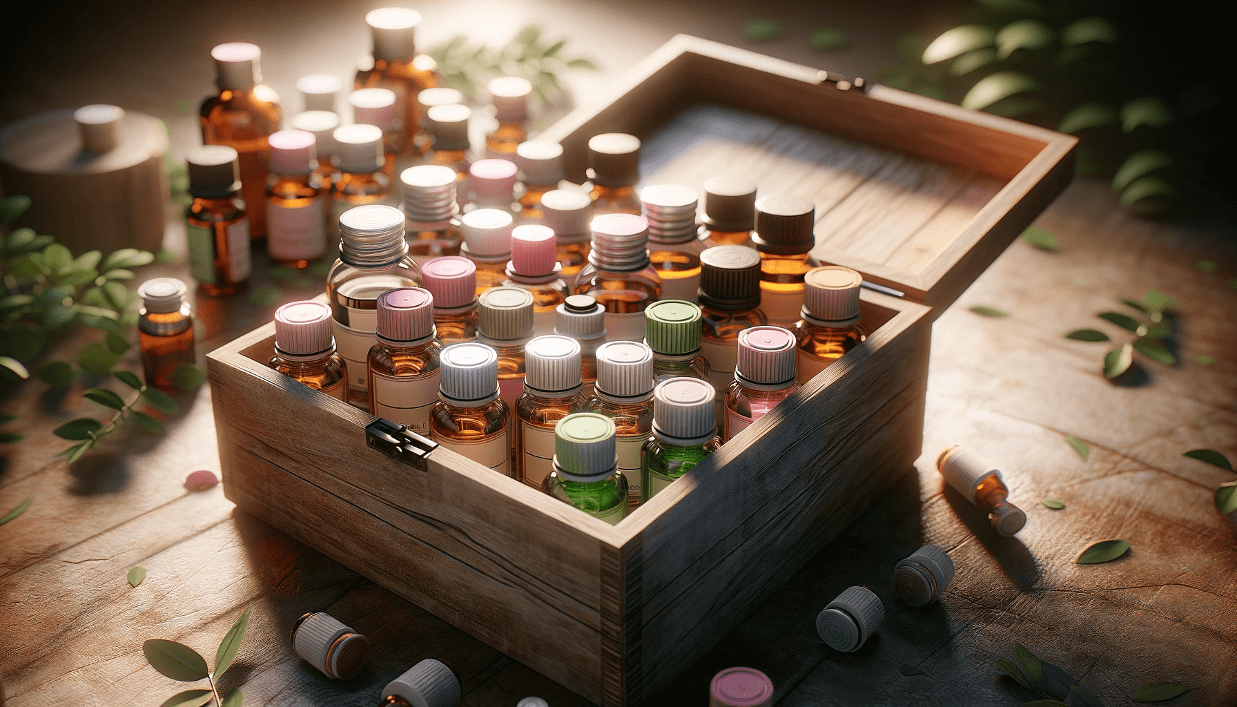 DALL·E 2024 01 19 09.16.06 Create a realistic image of a wooden box filled with various essential oil bottles. The bottles have no brand labels and the focus is on their caps