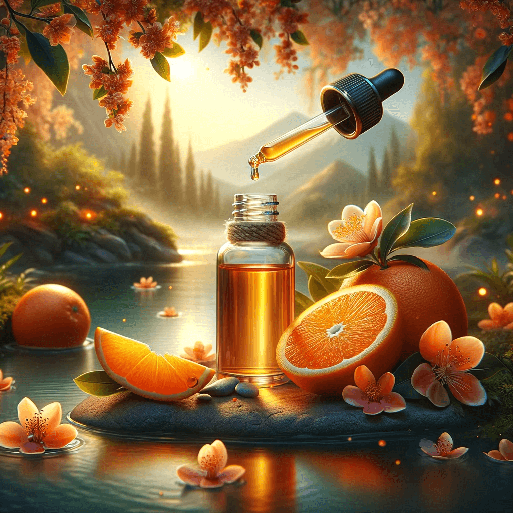 DALL·E 2024 01 19 10.04.46 Create an artistic image depicting a tranquil setting focused on orange essential oil as a natural remedy for depression. The scene should include a c