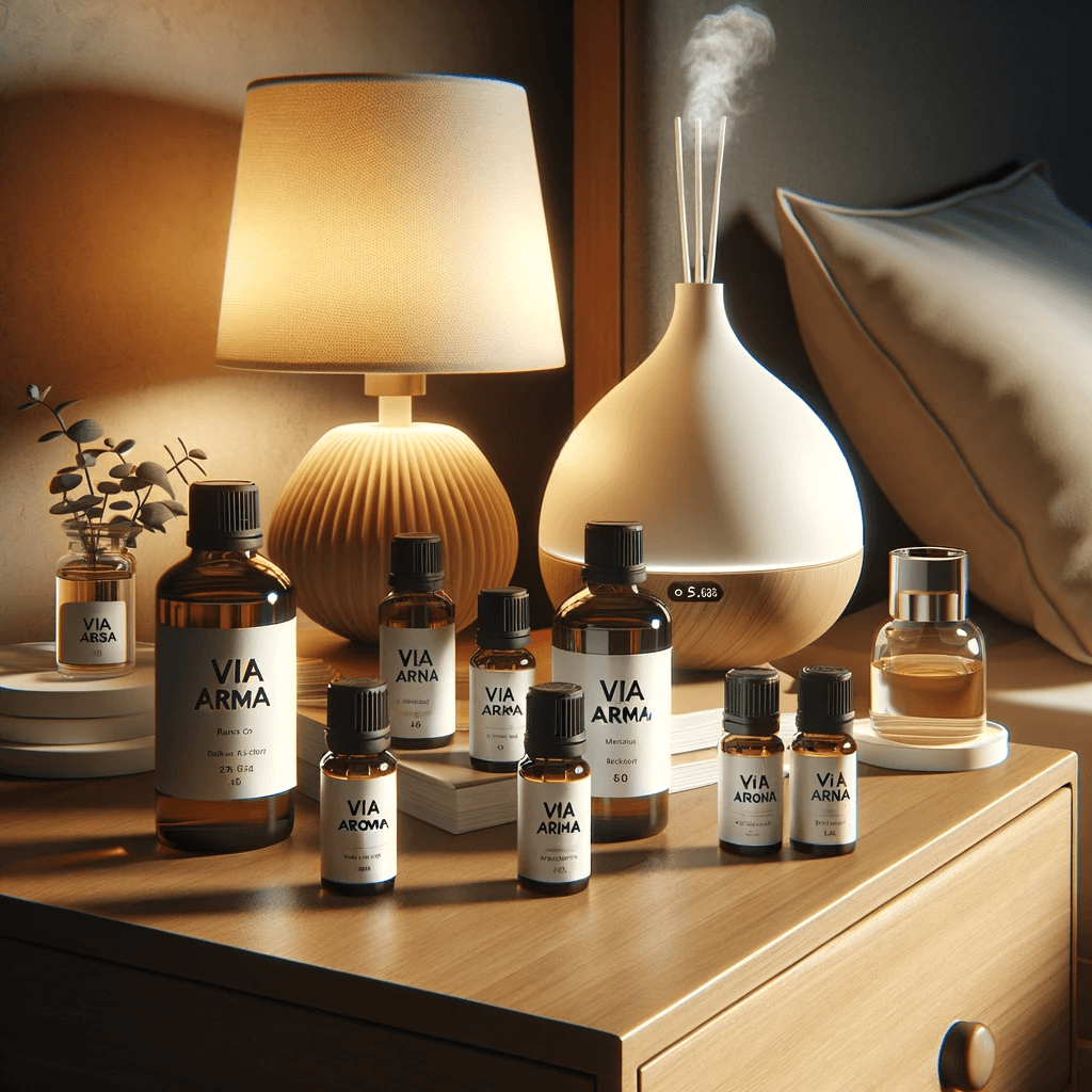 DALL·E 2024 01 19 10.20.34 A realistic setting on a wooden nightstand featuring a variety of essential oil bottles. The central bottles are replaced with the Via Aroma brand ke