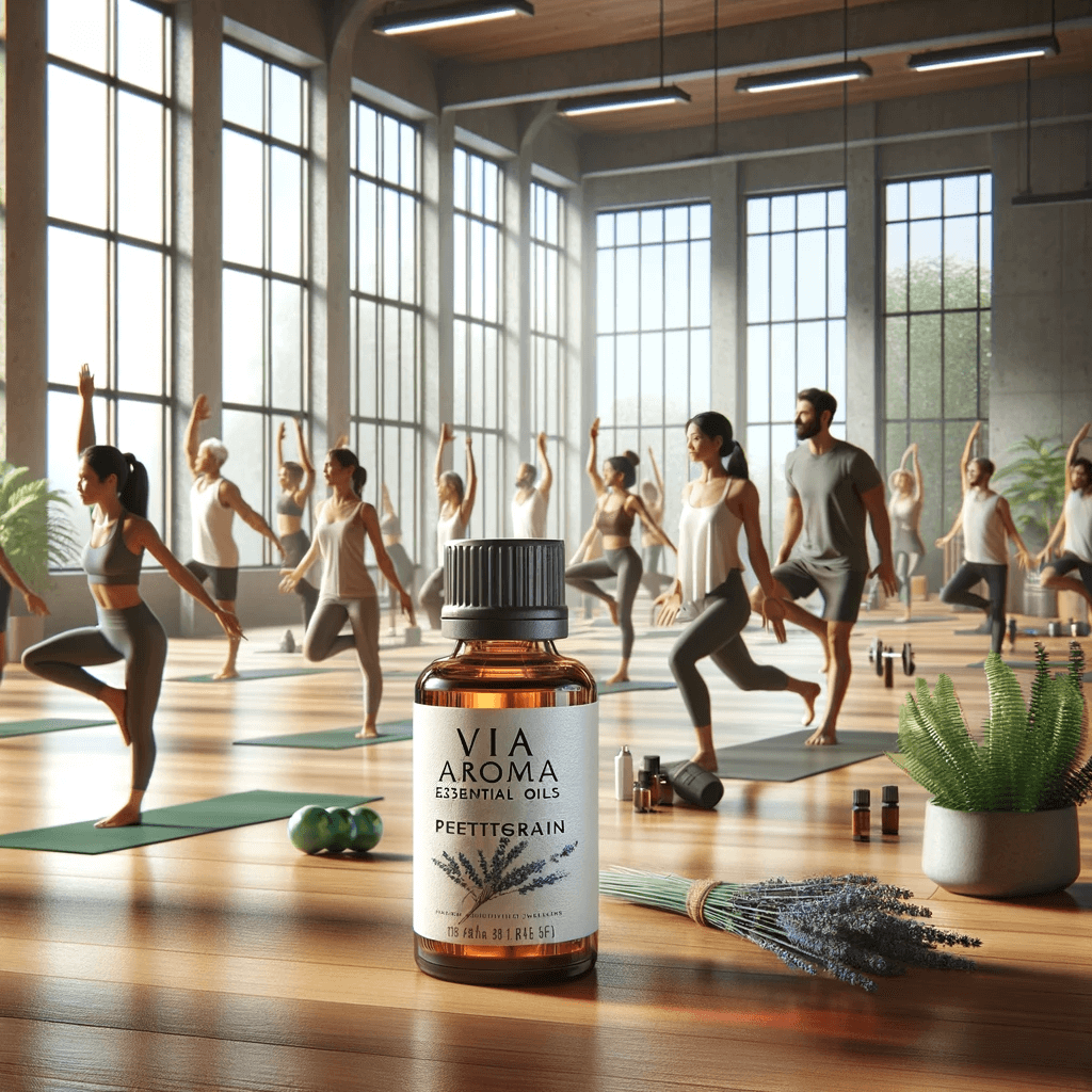 DALL·E 2024 01 19 10.34.36 A calming and energizing scene of a fitness room with large windows and natural light. In the foreground there are two prominently displayed bottles
