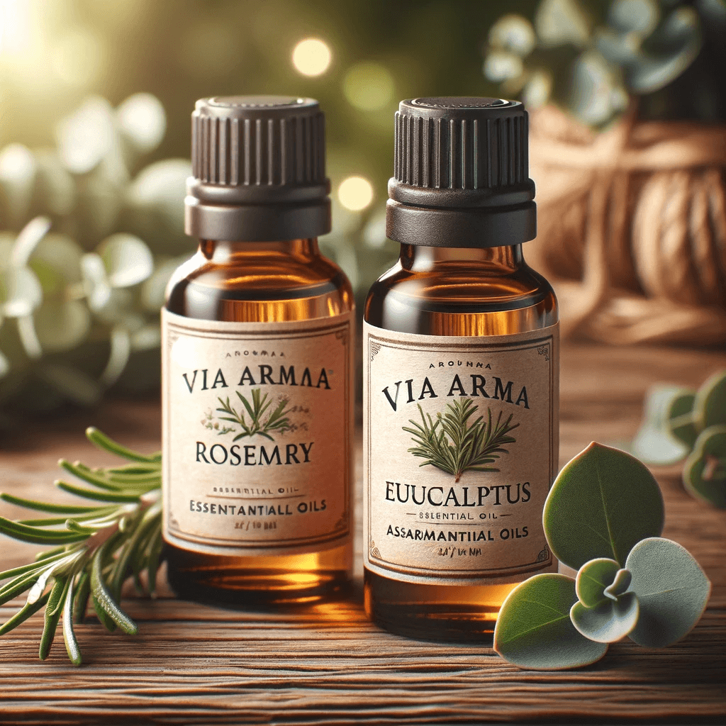 DALL·E 2024 01 19 11.07.10 A delightful and aromatic scene featuring two bottles of Via Aroma essential oils. One bottle is labeled Rosemary and the other Eucalyptus. The bo