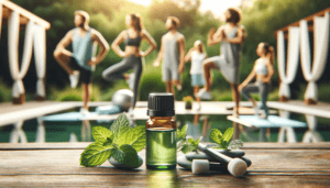 DALL·E 2024 01 23 13.25.25 A serene setting depicting a small elegant bottle of peppermint essential oil placed in the foreground. In the background a group of diverse people