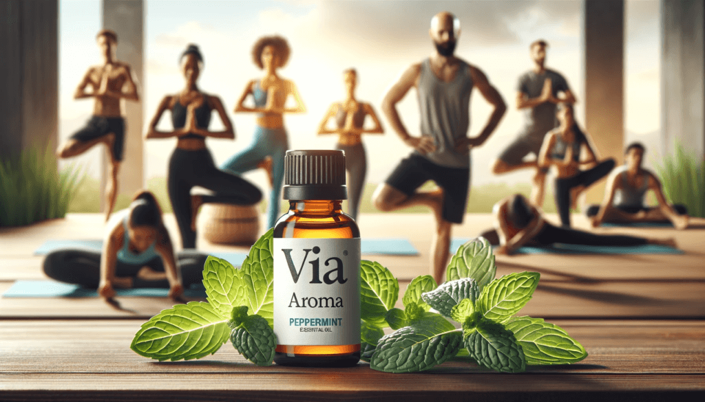 DALL·E 2024 01 23 13.28.28 Refine the previous image to enhance the clarity and visibility of the Via Aroma brand on the bottle of peppermint essential oil making sure the lo