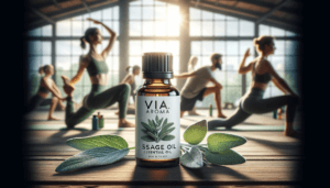 DALL·E 2024 01 23 14.29.47 Enhance the latest image by adding more detail and clarity to both the Via Aroma sage essential oil bottle and the individuals exercising in the backg