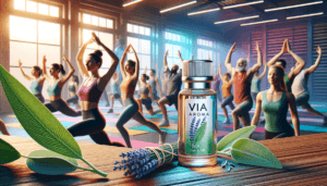 DALL·E 2024 01 23 14.36.00 Reimagine the scene with an enhanced focus on diversity and dynamism in the exercises being performed alongside the Via Aroma sage essential oil. Thi