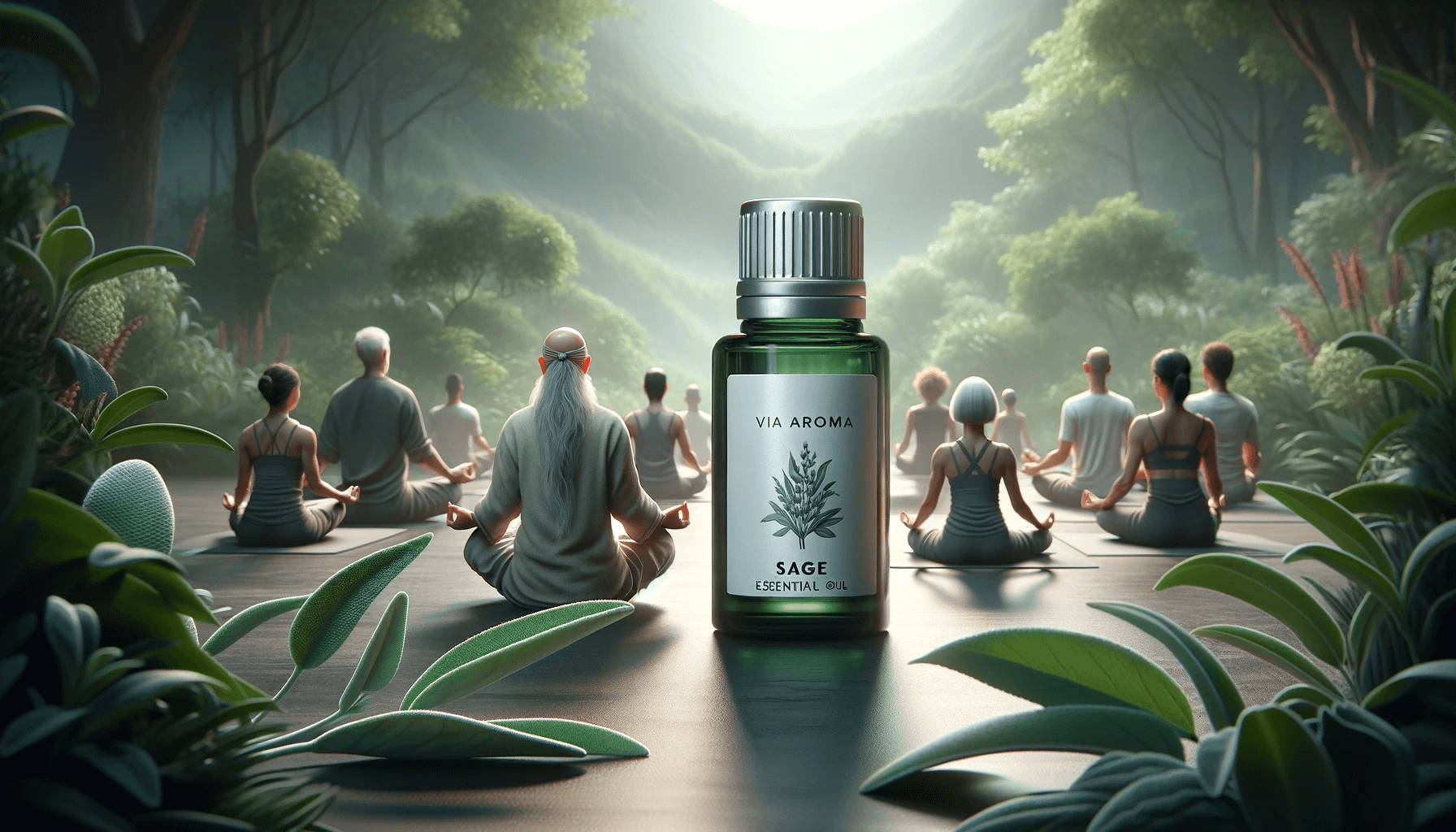 DALL·E 2024 01 23 14.44.32 Refine the composition by enhancing the clarity and detail of both the Via Aroma sage essential oil bottle and the small group of individuals practici