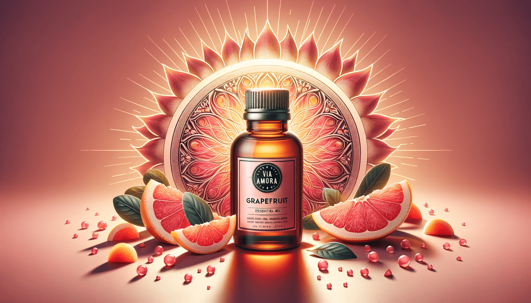 DALL·E 2024 01 23 15.04.38 Create a vibrant and energizing composition featuring a bottle of Via Aroma grapefruit essential oil in the foreground with the design of the sun shi