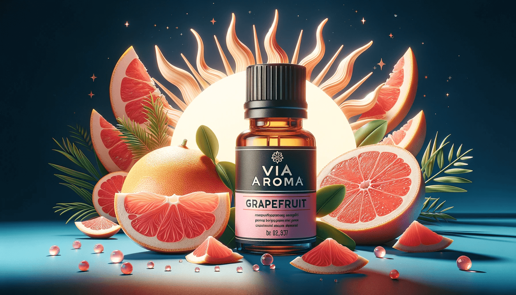 DALL·E 2024 01 23 15.05.53 Enhance the previous composition by removing the Grapefruit label from the Via Aroma essential oil bottle while keeping the brand name Via Aroma