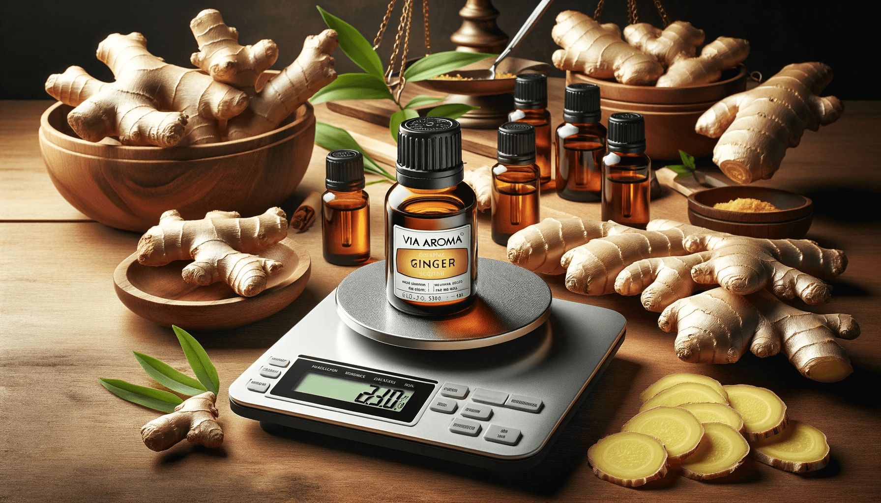 DALL·E 2024 01 23 15.16.01 Create a balanced and harmonious composition featuring Via Aroma ginger essential oil alongside fresh ginger roots and a precision scale. The scene p