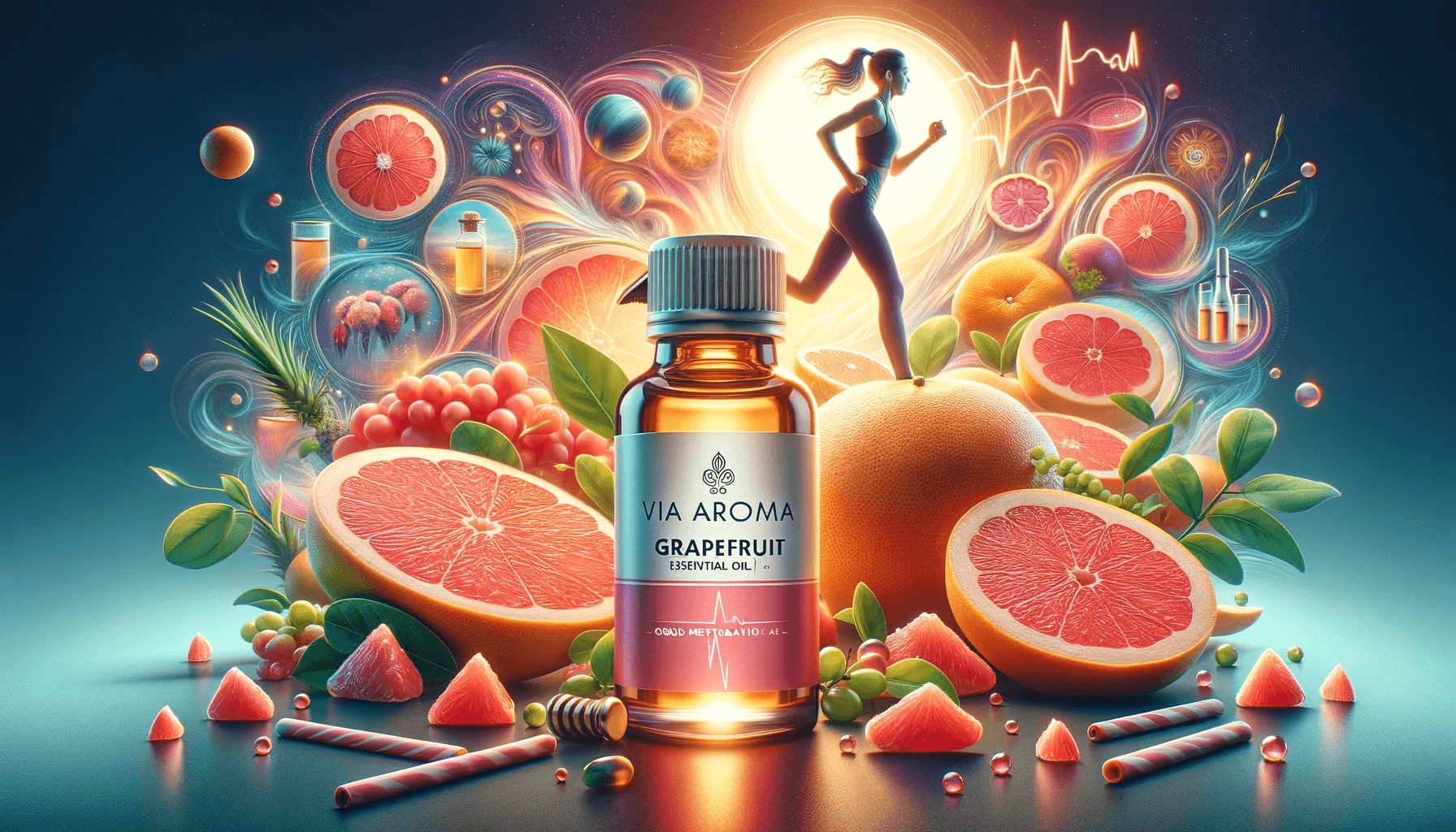 DALL·E 2024 01 23 15.42.17 Craft a dynamic and inspiring composition that illustrates the connection between Via Aroma grapefruit essential oil and good metabolism. The scene fe