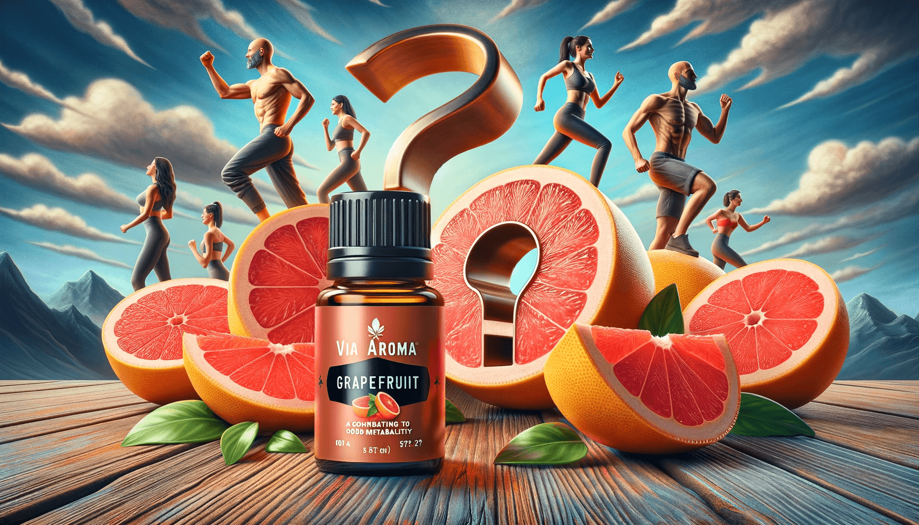 DALL·E 2024 01 23 15.47.55 Revise the dynamic composition by replacing the imagery of people with question marks maintaining the focus on Via Aroma grapefruit essential oil and