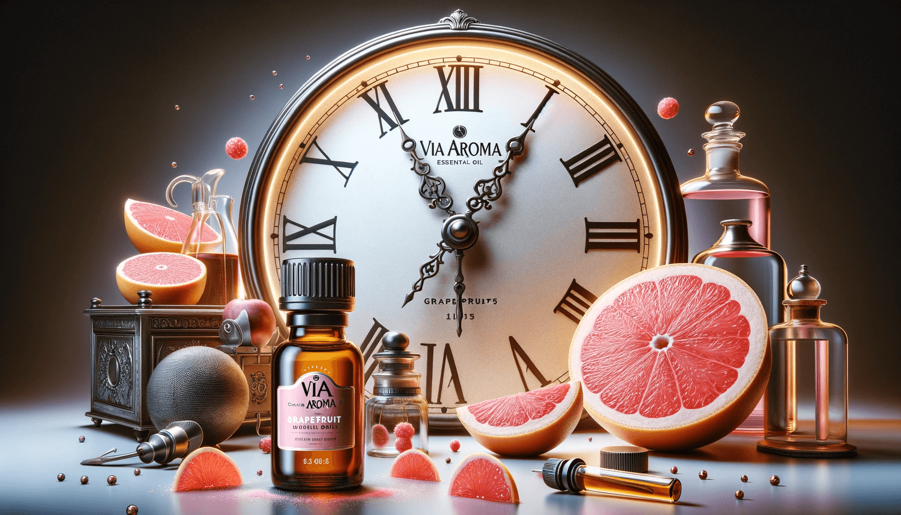 DALL·E 2024 01 23 15.59.17 Create a composition that beautifully merges Via Aroma grapefruit essential oil with the imagery of a clock symbolizing the timely benefits and effec