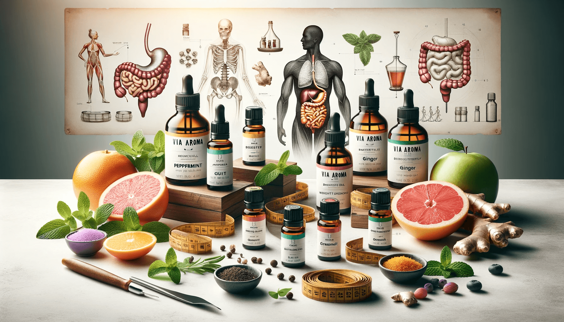 DALL·E 2024 01 23 16.02.51 Create an illustrative composition that embodies the theme of Gut Health and Weight Loss Digestive Aromatherapy with Via Aroma Essential Oils. The