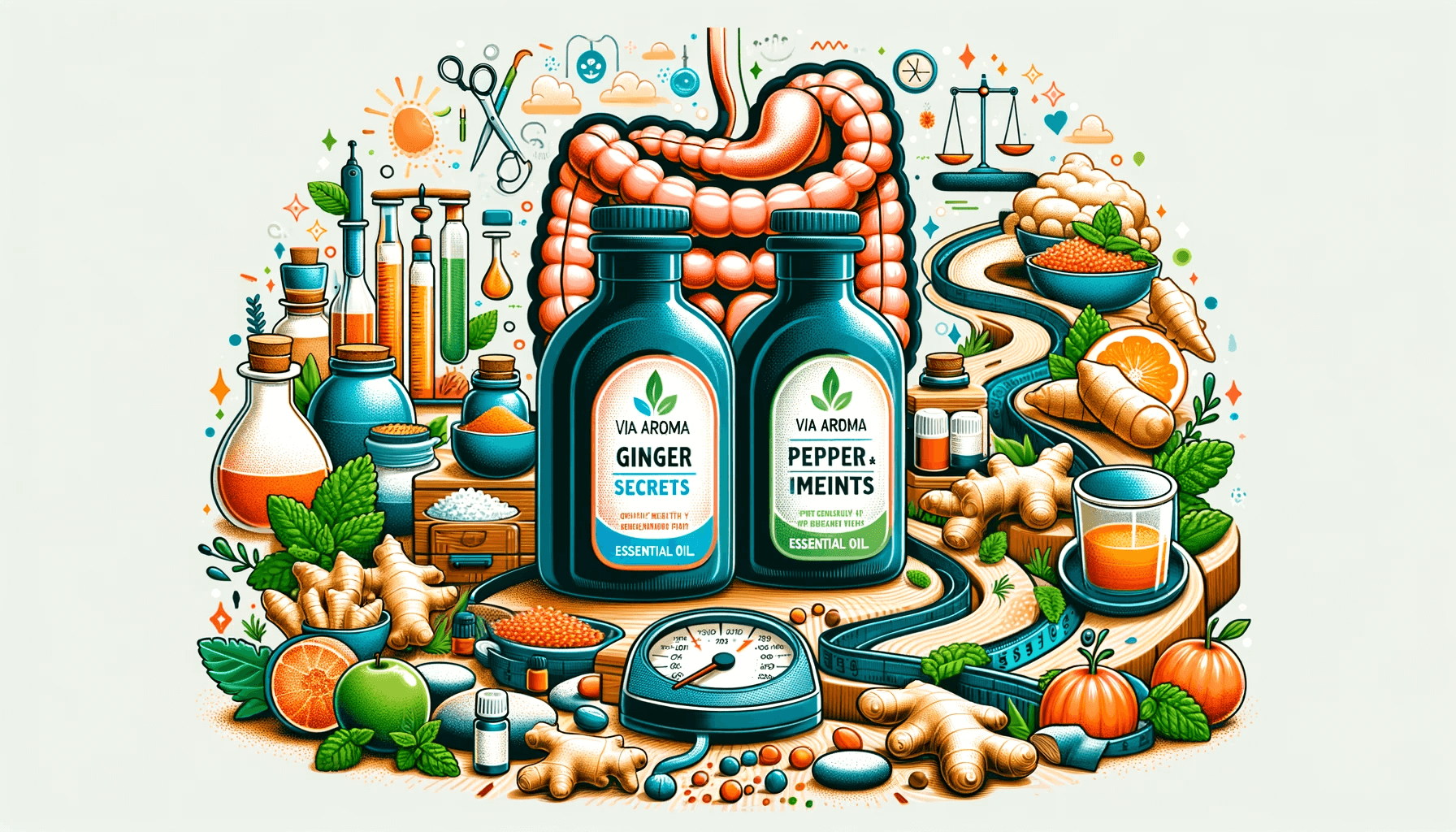 DALL·E 2024 01 23 16.15.32 Craft an informative and visually appealing illustration titled Digestive Secrets Ginger and Peppermint Essential Oils on the Path to a Healthy Weig
