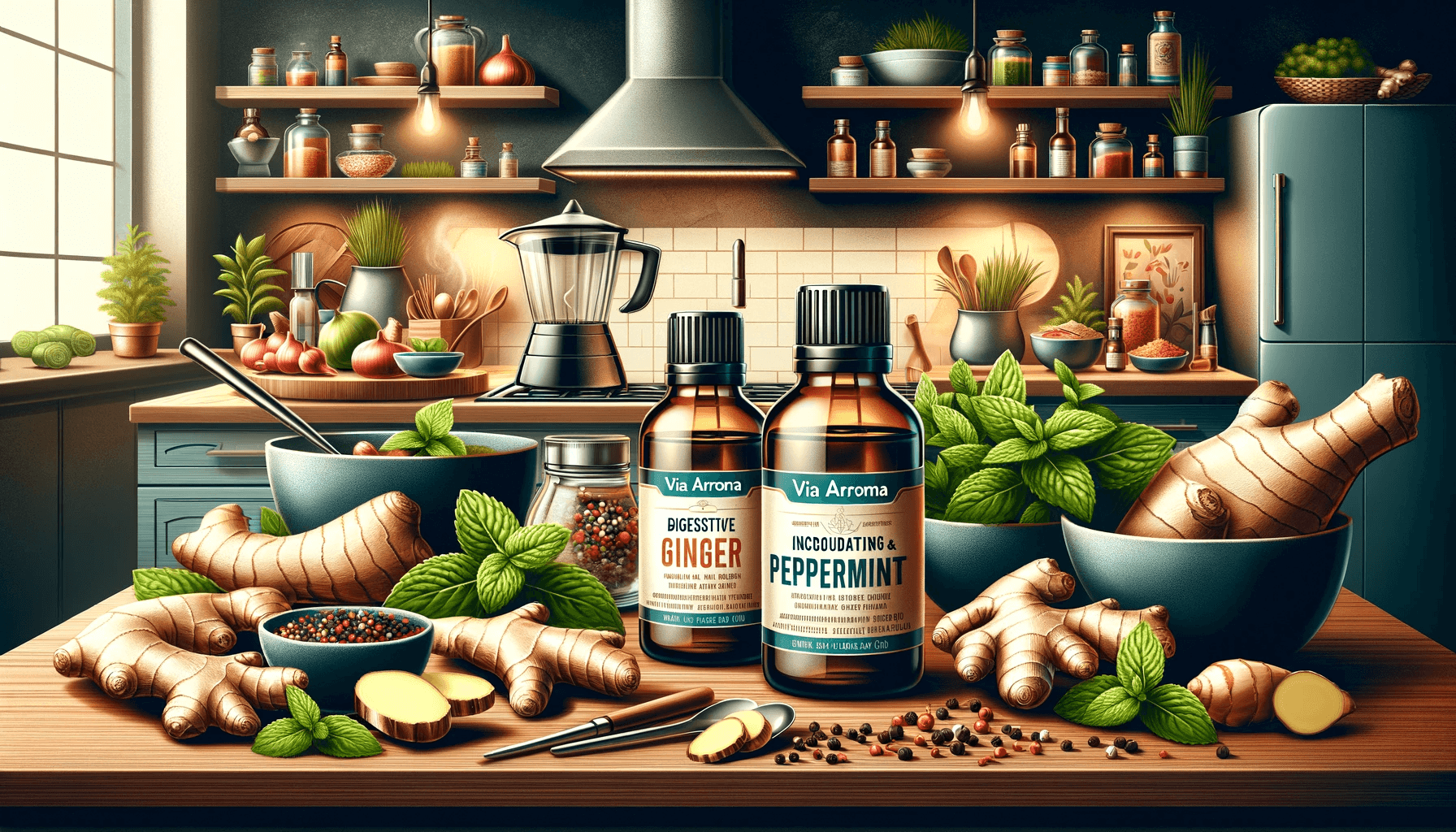 DALL·E 2024 01 23 16.24.54 Create an engaging and informative illustration titled Digestive Recipes Incorporating Ginger and Peppermint for Weight Loss. This scene features V