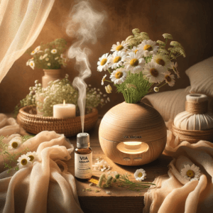 DALL·E 2024 01 24 09.34.08 Create a comforting and gentle scene that represents Chamomile and Well being Easing Menstrual Cramps with Aromatherapy featuring Via Aroma essenti