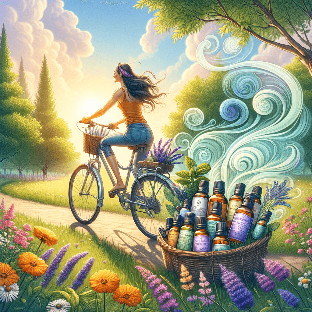 DALL·E 2024 01 24 09.43.12 Create an uplifting and dynamic scene featuring a woman on a bicycle surrounded by the essence of Via Aroma essential oils. The setting is an open s