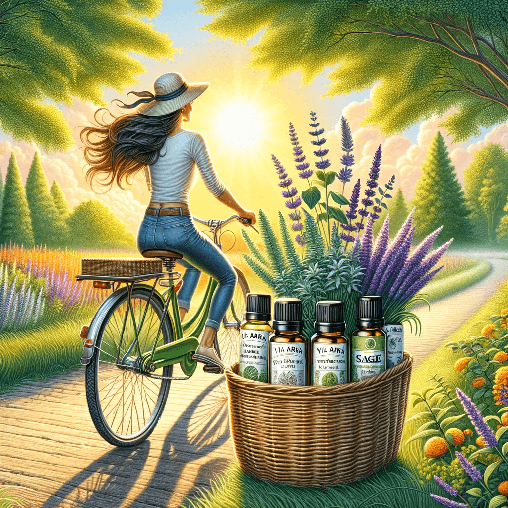 DALL·E 2024 01 24 09.49.22 Revise the uplifting and dynamic scene by adding the element of sage salvia to the basket of Via Aroma essential oils on the womans bicycle. The se
