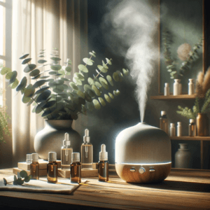 DALL·E 2024 01 24 12.21.47 Imagine a serene and tranquil scene where the essence of eucalyptus is the centerpiece. In the foreground a sleek modern diffuser emits a gentle mis 1