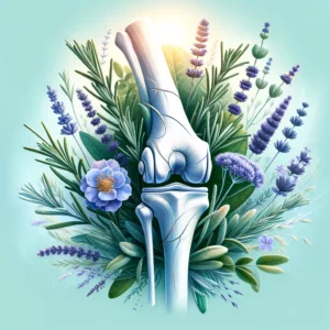 DALL·E 2024 02 21 10.01.16 Visualize a creative and captivating illustration that seamlessly integrates the themes of rosemary and lavender with a depiction of a human joint. Th