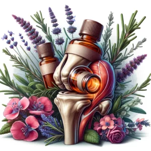 DALL·E 2024 02 21 10.02.37 Incorporate into the existing harmonious blend of nature and anatomy the addition of essential oil bottles of rosemary and lavender positioned thoug