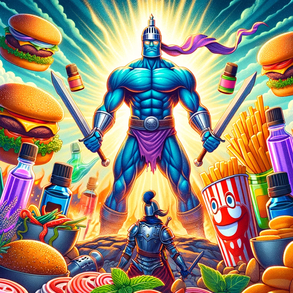 DALL·E 2024 02 21 16.03.06 Create a vibrant and engaging illustration showcasing a battle between essential oil bottles and unhealthy foods where the essential oil bottles are