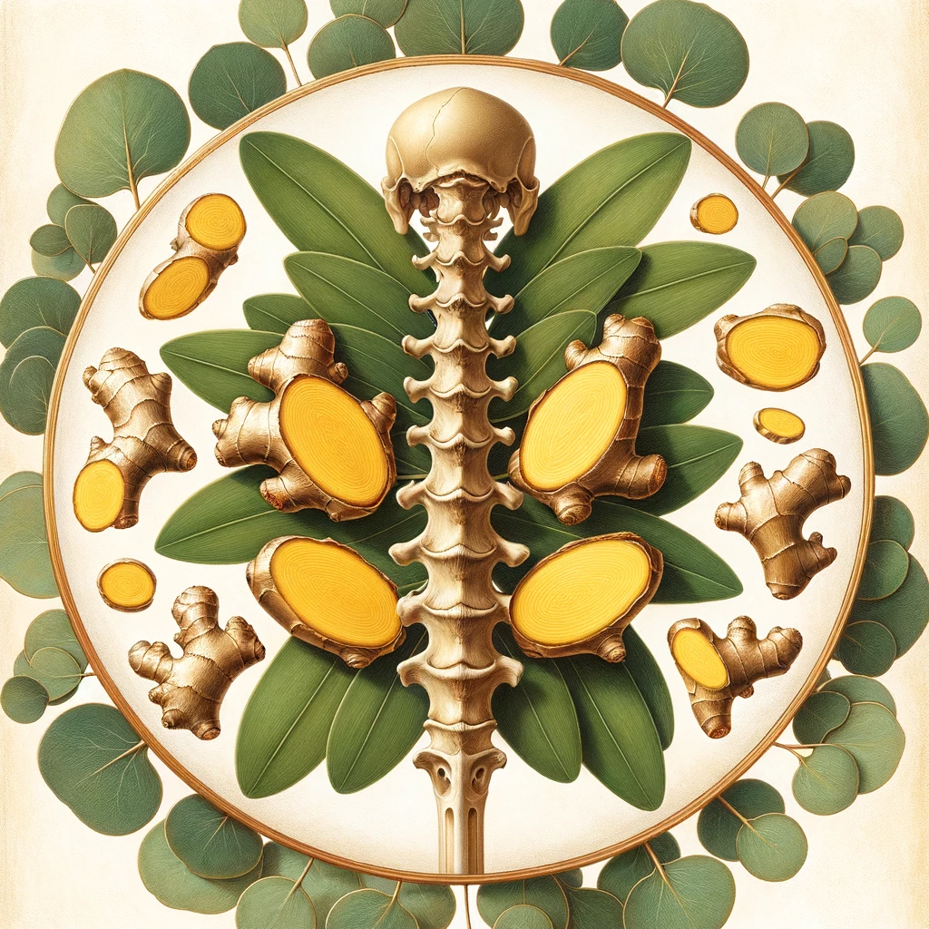 DALL·E 2024 02 23 10.57.23 A meticulously detailed illustration featuring ovals of ginger and eucalyptus leaves intertwined around a human spine. The ginger ovals radiate a warm