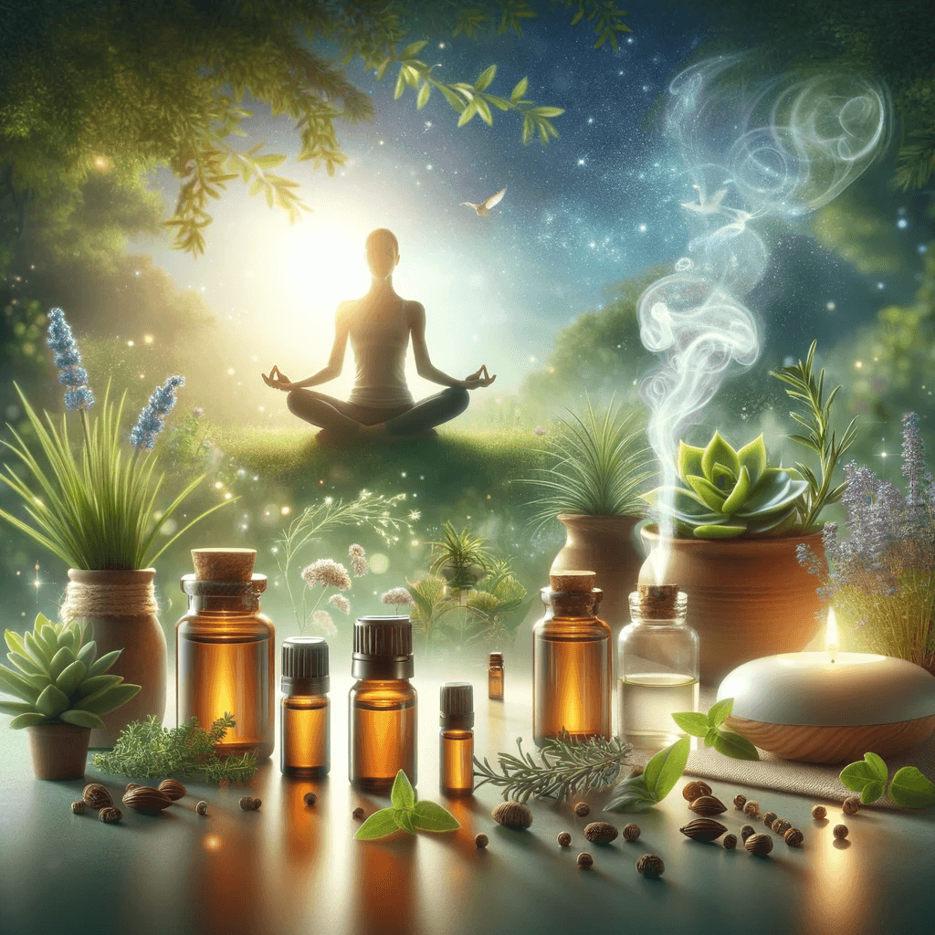DALL·E 2024 01 05 13.34.45 A tranquil and serene scene illustrating the benefits of essential oils for health. The image features a variety of essential oil bottles surrounded b