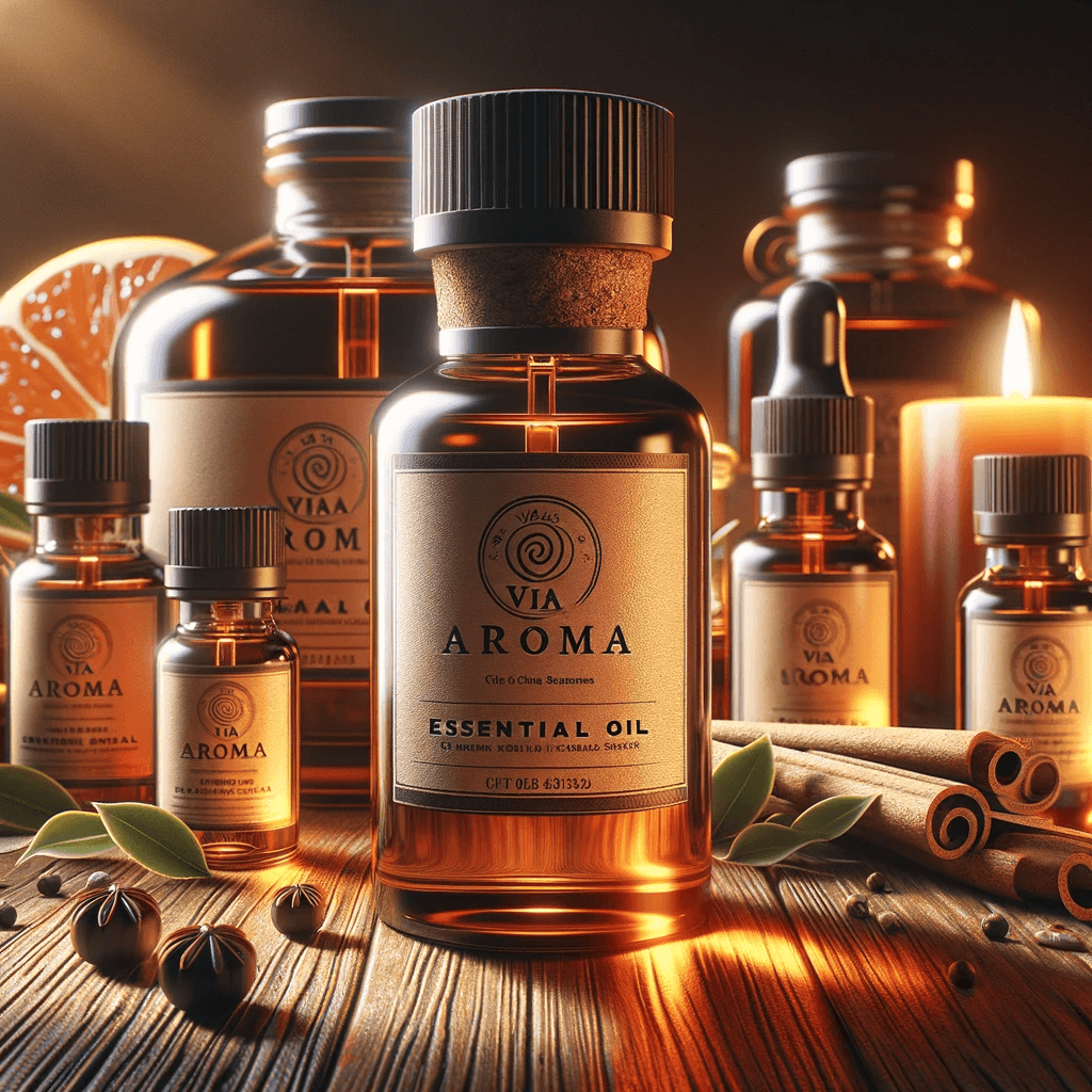 DALL·E 2024 01 18 13.18.28 A photorealistic drawing of essential oil bottles on a wooden surface with the brand Via Aroma clearly visible on the labels. The bottles are arran