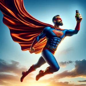 DALL·E 2024 02 12 14.35.37 Enhance the previous depiction by visualizing the superhero with a flowing cape now soaring through the sky. Hes holding a bottle of essential oil a